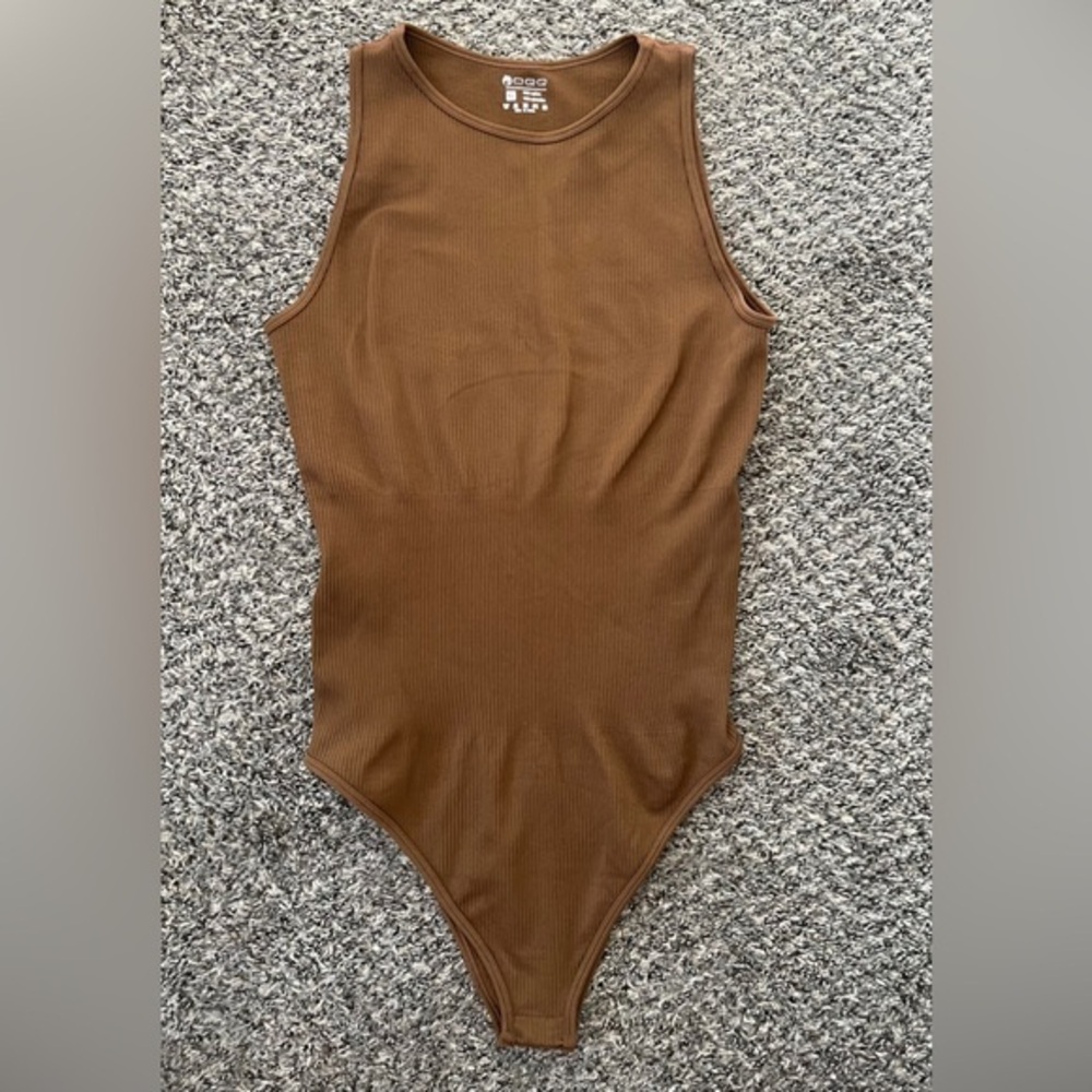 OQQ Ribbed Tank One-Piece Bodysuit in Brown XL